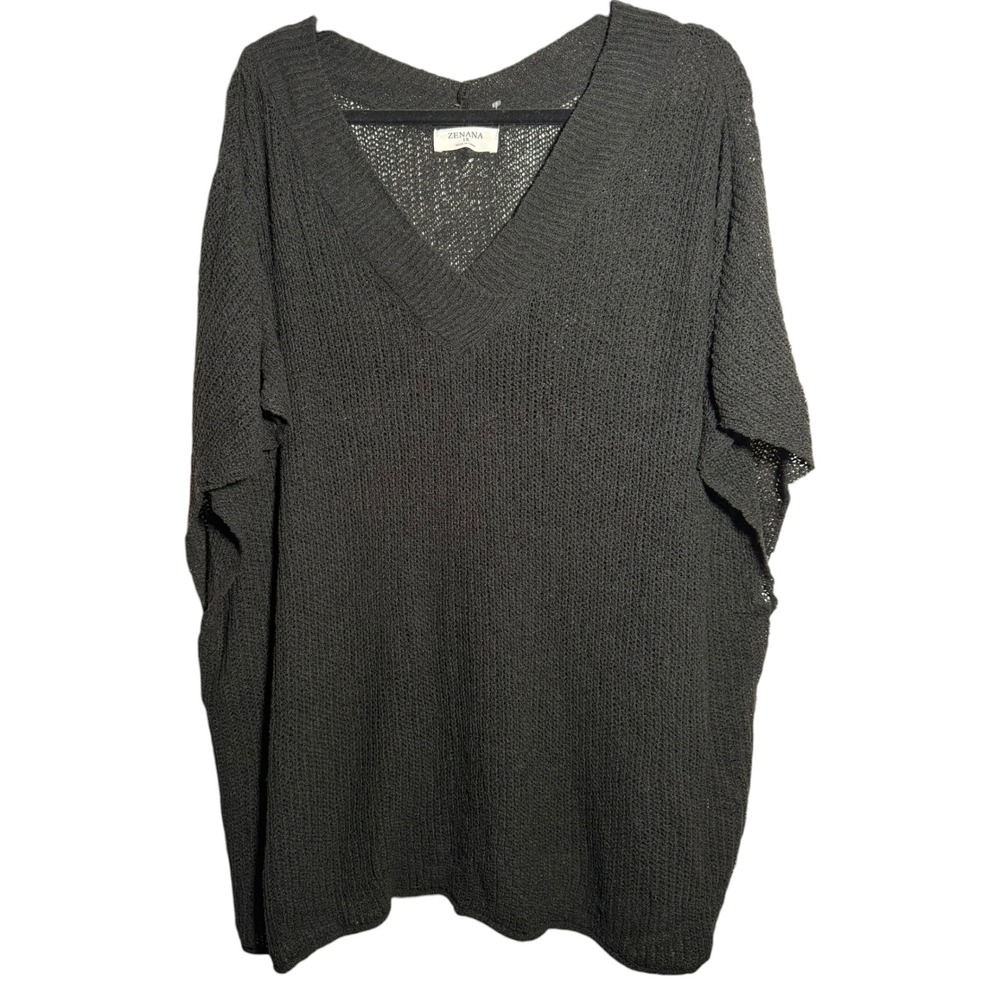 Zenana Black Open Knit V-Neck Oversized Sweater Top 1X TW-2073XBA NWOT